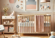 A beautifully decorated baby nursery featuring a modern crib, plush rug, and essential baby items, perfectly set up for a newborn’s comfort and parents' ease.