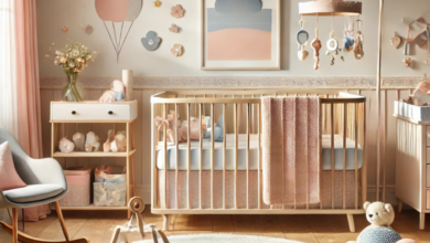 A beautifully decorated baby nursery featuring a modern crib, plush rug, and essential baby items, perfectly set up for a newborn’s comfort and parents' ease.