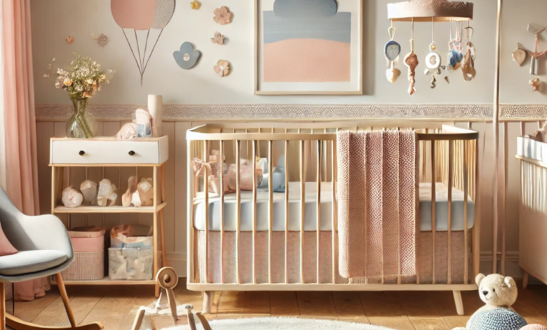 A beautifully decorated baby nursery featuring a modern crib, plush rug, and essential baby items, perfectly set up for a newborn’s comfort and parents' ease.